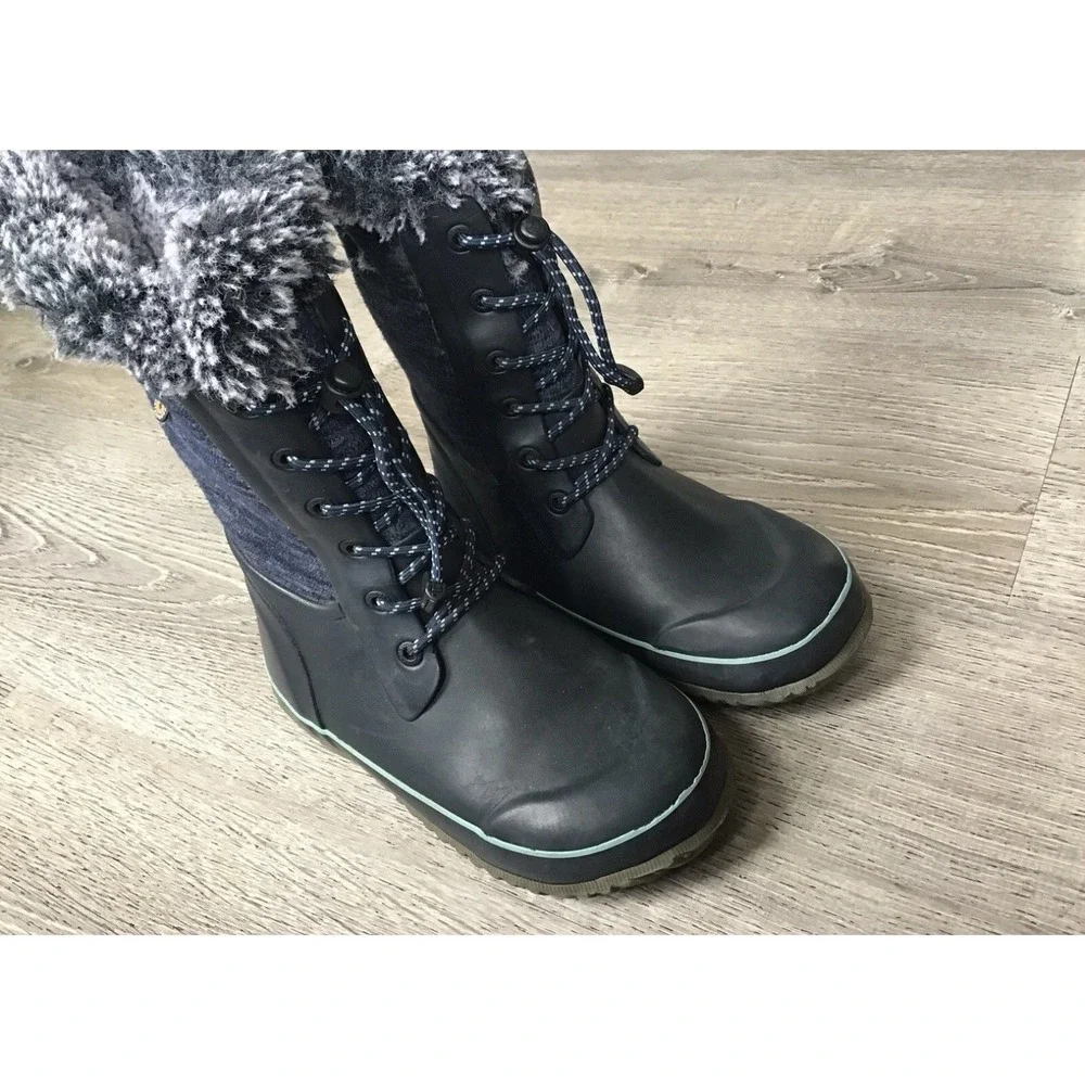 Bogs Youth Size 3 Arcata Girls Knit Blue Faux Fur Winter Snow Boots Waterproof